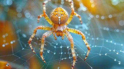 A close-up photo of a yellow spider with black spots on its web stands out against blurred green and orange hues, with dewdrops suggesting a peaceful morning setting.
