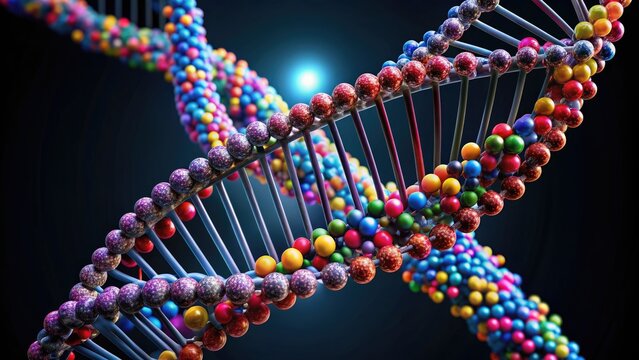 Colorful double helix model of DNA molecule against a black background, with vibrant nucleotides and twisted ladder structure, representing genetic code and heredity.