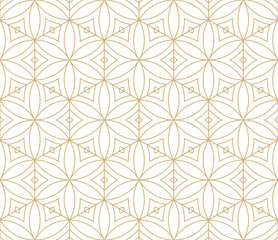 Fototapeta premium Golden vector geometric seamless pattern with floral silhouettes, leaves, hexagonal grid, thin curved lines. Gold and white abstract texture. Ornamental background. Repeated design in asian style