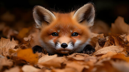 Obraz premium Cute Red Fox Kit Peeking Out From Fall Leaves - Realistic Animal Photography