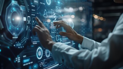 A person interacting with a futuristic digital interface, showcasing data analysis and technological innovation.