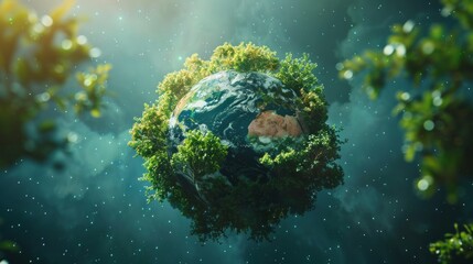The digital image shows the Earth with green and blue halves symbolising the spread of trees. The purple night sky with stars gives a dreamy, peaceful tone,