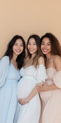 Fototapeta premium Three women are posing for a photo, all wearing blue and white dresses. They are smiling and seem to be happy