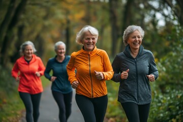 A group of older women are running together in a forest. They are smiling and enjoying their time