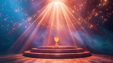 A radiant trophy on a stage, illuminated by vibrant beams of light, symbolizing victory and achievement in a grand setting.
