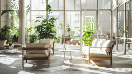 Sunlight fills a sleek, modern living area with white cushioned furniture and abundant plants, exuding serene elegance and comfort.