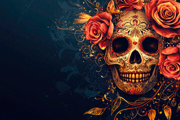 Day of the Dead background with a skull and flowers on a dark background. Copy space
