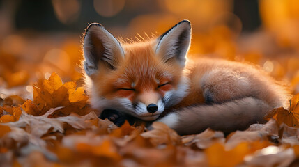 Obraz premium Cute Sleeping Fox Kit in Autumn Leaves - Realistic Animal Photography