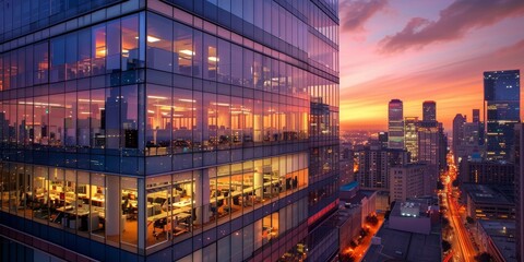 A commercial office building exterior at twilight, with lights on in offices and a vibrant city backdrop
