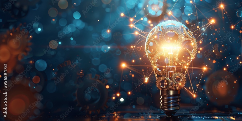 Poster light bulb with gears and glowing lines, innovation and technology concept