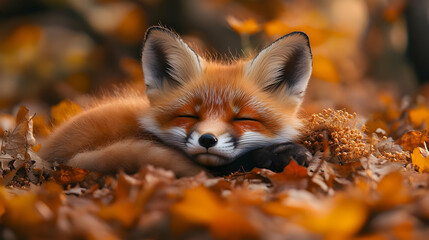 Fototapeta premium Cute Red Fox Sleeping in Autumn Leaves - Wildlife Photography