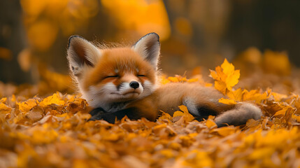Cute Red Fox Kit Sleeping in Autumn Leaves - Realistic Photograph