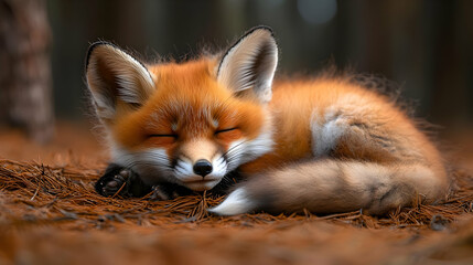 Obraz premium Red Fox Kit Sleeping in a Forest - Realistic Photo