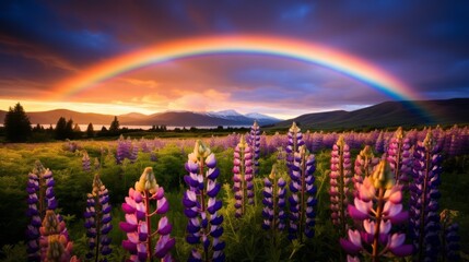 Lupins in bloom by the field with rainbow on a sunny spring day. Neural network ai generated art
