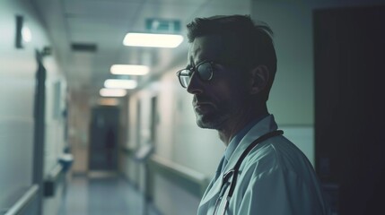 Obraz premium A male doctor in a white lab coat, with a stethoscope, glasses, and a beard, looks serious in a brightly lit hospital hallway at nighttime.