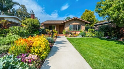 Front view of a house with a lush, colorful garden and a smooth concrete walkway, ideal for showcasing residential landscaping and outdoor living.