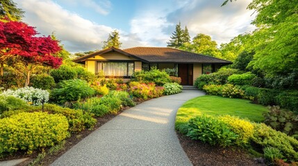 Obraz premium Front view of a house with a lush, colorful garden and a smooth concrete walkway, ideal for showcasing residential landscaping and outdoor living.