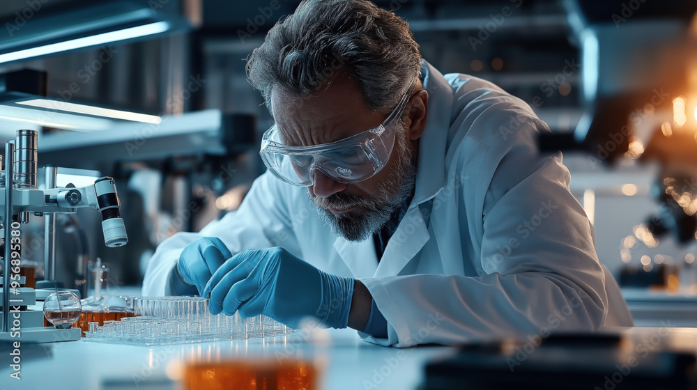 Poster Scientist in protective goggles and gloves analyzing samples in a high-tech laboratory, using specialized lab equipment for scientific research.