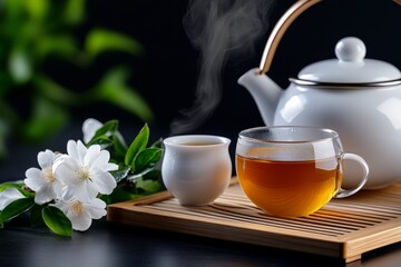 Still life, tea set, porcelain cups, steaming tea create a calming and serene atmosphere