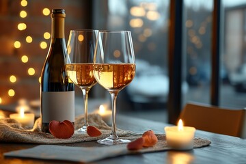 Naklejka premium Still life, wine bottle, filled glasses, soft lighting creates an intimate and cozy setting