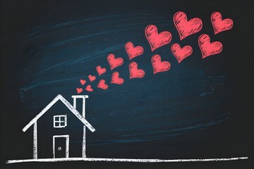 Chalk drawn house releasing red hearts, symbolizing love and warmth from home