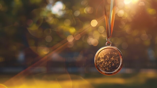 A shiny medal hanging on a ribbon, capturing light with a blurred background, symbolizing achievement and celebration.