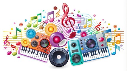 Colorful musical notes and DJ equipment icons on a white background, easily customizable and resizable, perfect for music-themed designs and digital media projects.