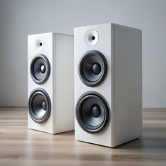 Obraz premium A pair of sleek. white stereo speakers on a wooden floor.