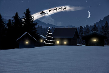 Santa Claus mit Schlitten, über  in einem ländlichen Dorf in verschneiter Landschaft im Winter