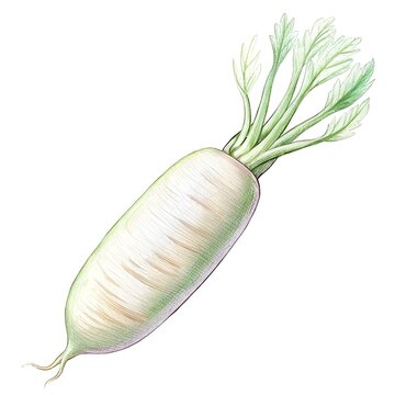 recommend clip art: A detailed pencil illustration of a fresh daikon radish with its vibrant green leaves.