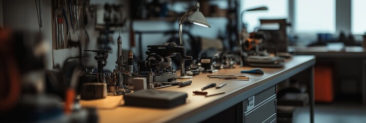 A detailed workshop setup featuring numerous tools and ongoing projects on a workbench, highlighting craftsmanship and skill.