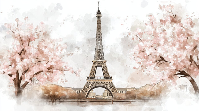 Charming watercolor illustration of the Eiffel Tower surrounded by cherry blossoms, evoking the beauty of spring in Paris.