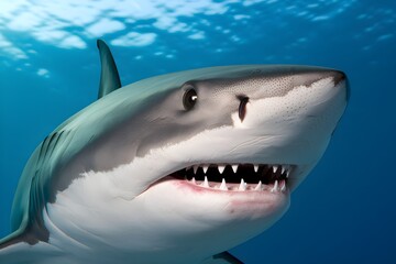 Sharks head with open mouth, sharp teeth contrasting with serene water background