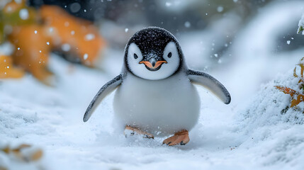 Cute Penguin Chick Walking in the Snow - Realistic Photo