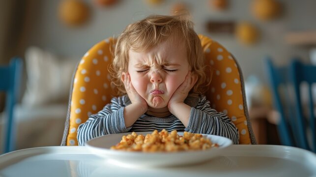 Blonde Toddler Refuses Pasta,  Making a Disgusted Face - child - crying