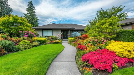 Naklejka premium Front view of a house with a well-kept garden and a sleek concrete walkway, surrounded by vibrant flowers and greenery.