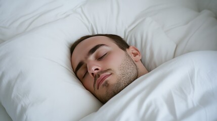 A peaceful young man sleeping soundly on a cozy pillow, embodying tranquility and restfulness in a serene setting.