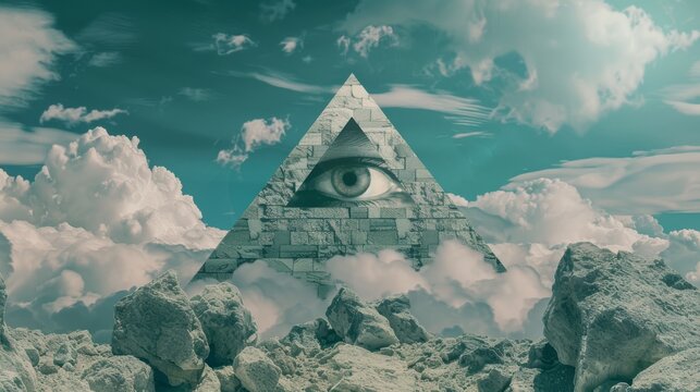 A surreal pyramid with an all-seeing eye hovers in the sky above rocky terrain, surrounded by dramatic clouds. - Powered by Adobe