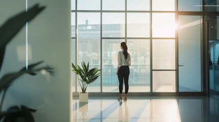 A woman gazes out the large windows of a modern, sunlit office, capturing the serene ambiance of a bright, contemporary workspace.