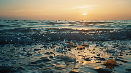 Sunset casts a warm glow over ocean waves, gently caressing the shore littered with sea glass, creating a serene and reflective atmosphere.