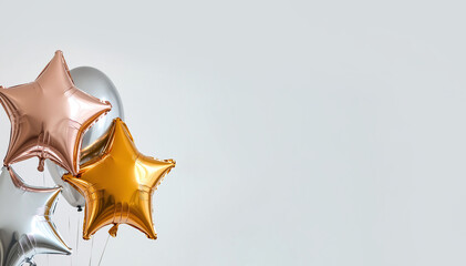 Floating metallic golden silver helium balloons on clean empty background for copy space, background, wallpaper, card, banner, backdrop. Celebration, Greetings, Congratulations, Party.