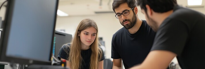 Three tech professionals engage deeply in a meeting surrounded by screens and technology for solutions.