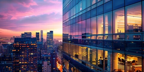 Obraz premium A commercial office building exterior at twilight, with lights on in offices and a vibrant city backdrop