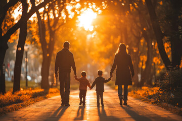 Fototapeta premium Happy family, kid, go towards sun, holding hands in city park at sunset.