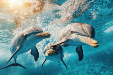 Obraz premium Underwater Dolphin Trio: Three dolphins glide gracefully beneath the crystal-clear ocean, bathed in the ethereal glow of sunlight, showcasing their beauty and freedom in their natural habitat.