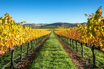 A countryside vineyard with golden-yellow grapevines in autumn, set against distant hills and a...