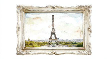 Artistic watercolor illustration of the Eiffel Tower framed elegantly, capturing the charm of Parisian architecture and landscape.