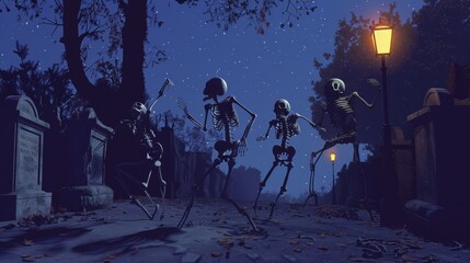 Obraz premium Four animated skeletons dance joyfully on a path in a spooky, starry cemetery under the glow of a streetlamp.