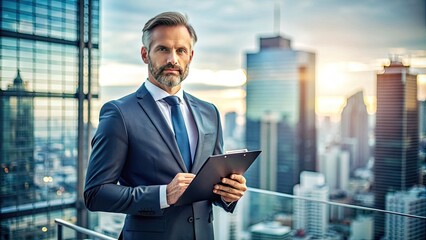Fototapeta premium Confident executive stands against a blurred cityscape background, grasping a clipboard with both hands, conveying authority, professionalism, and focus on business data analysis.