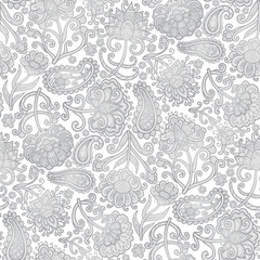 Grey floral ornament on white background, boho style, doodles. Seamless floral pattern-384.